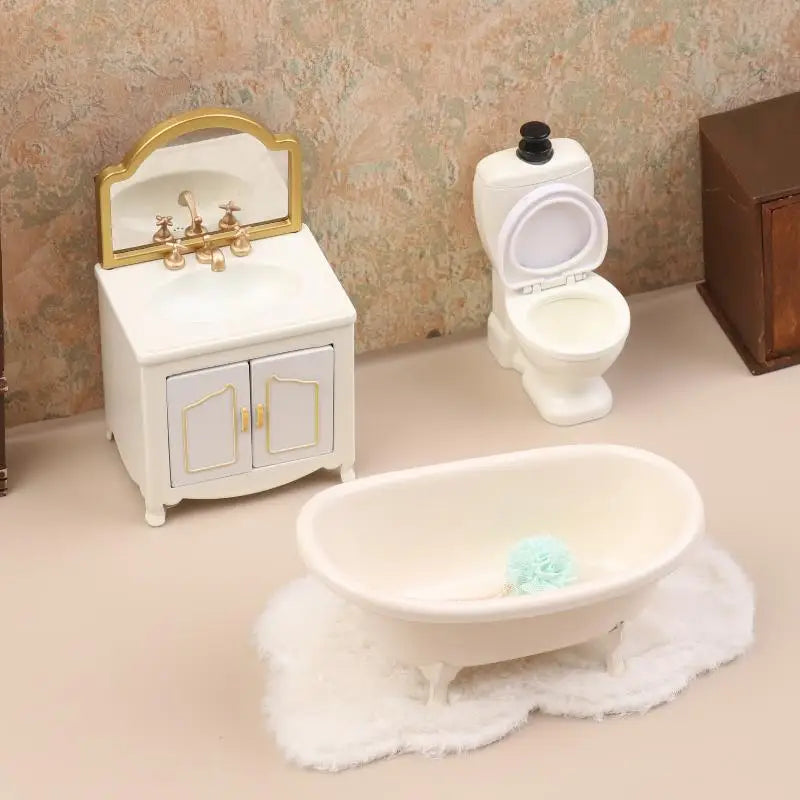 meubles salle bain miniature blanc classique vasque miroir toilette tapis brosse dents ensemble jouet