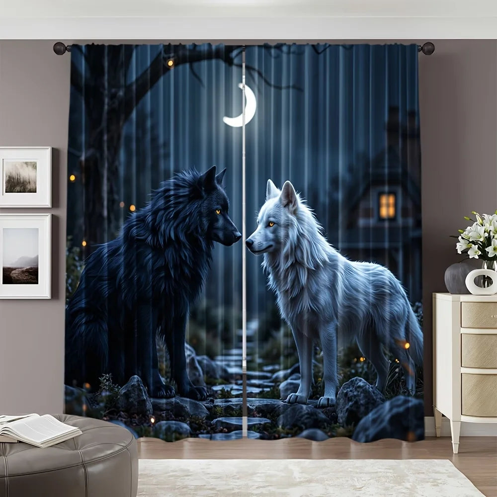 rideau deux loups nuit lune décoratif maison salon chambre polyester opacité bleu gris blanc