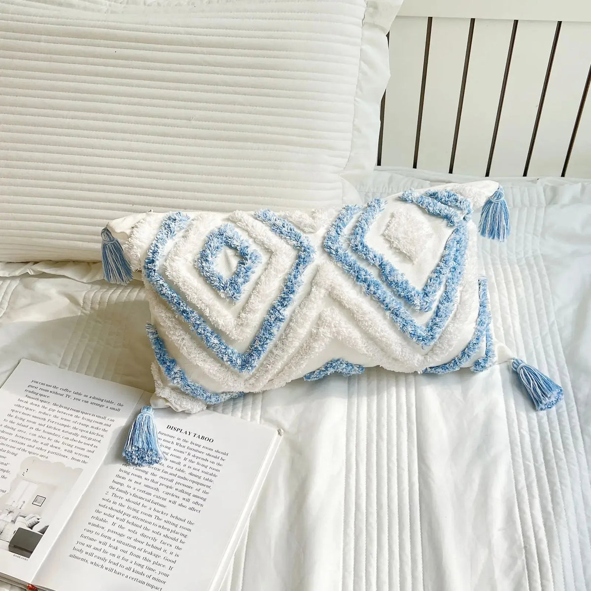 coussins bohèmes 3d franges taies d'oreiller décoratives géométriques brodés moderne blanc bleu clair polyester