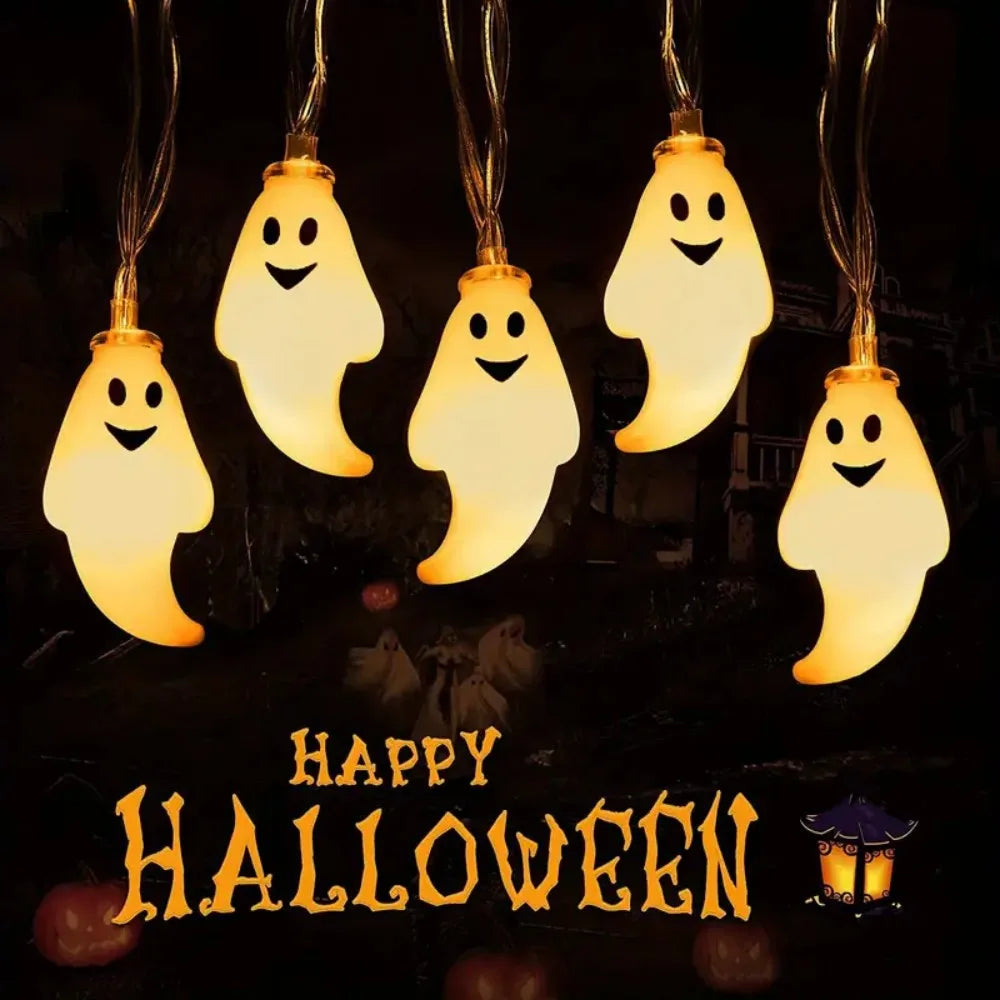 guirlande lumineuse fantômes souriants halloween blanc jaune 10 led 3m decoration chambre maison jardin