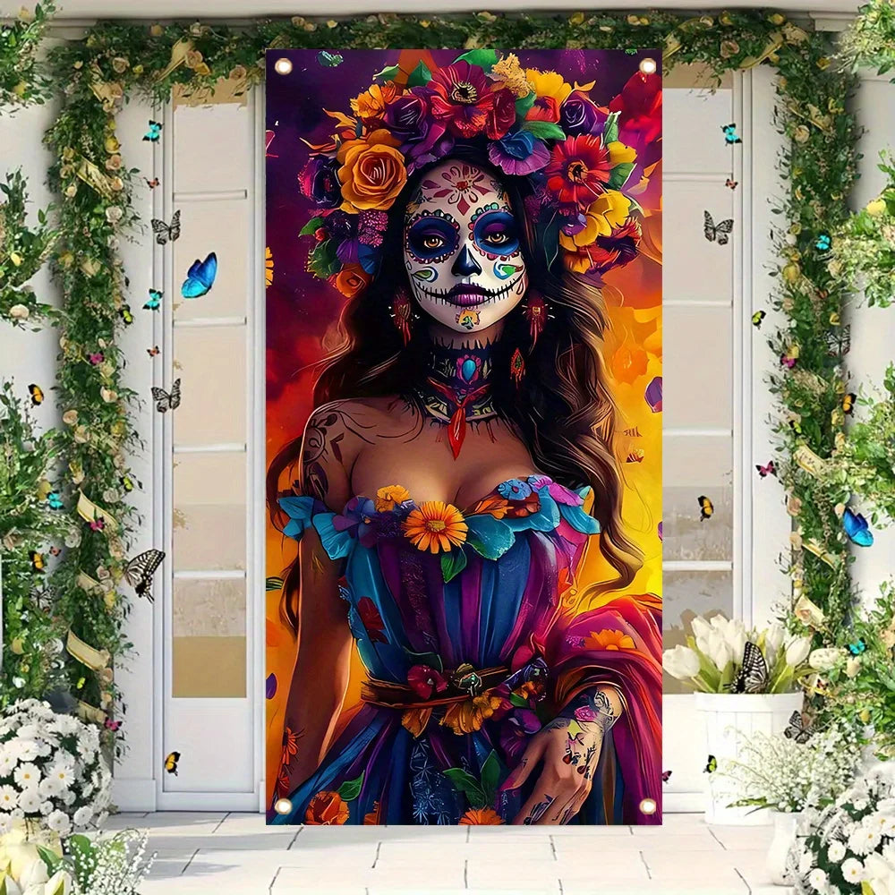 bannière festive catrina crâne fleurs dia morts couleur violette orange Jaune