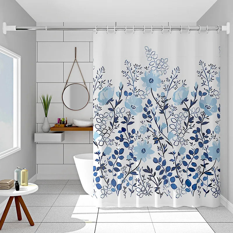 rideau douche peva fleurs stylisées blanc bleu moderne opacité 120cm 150cm 180cm 200cm 240cm