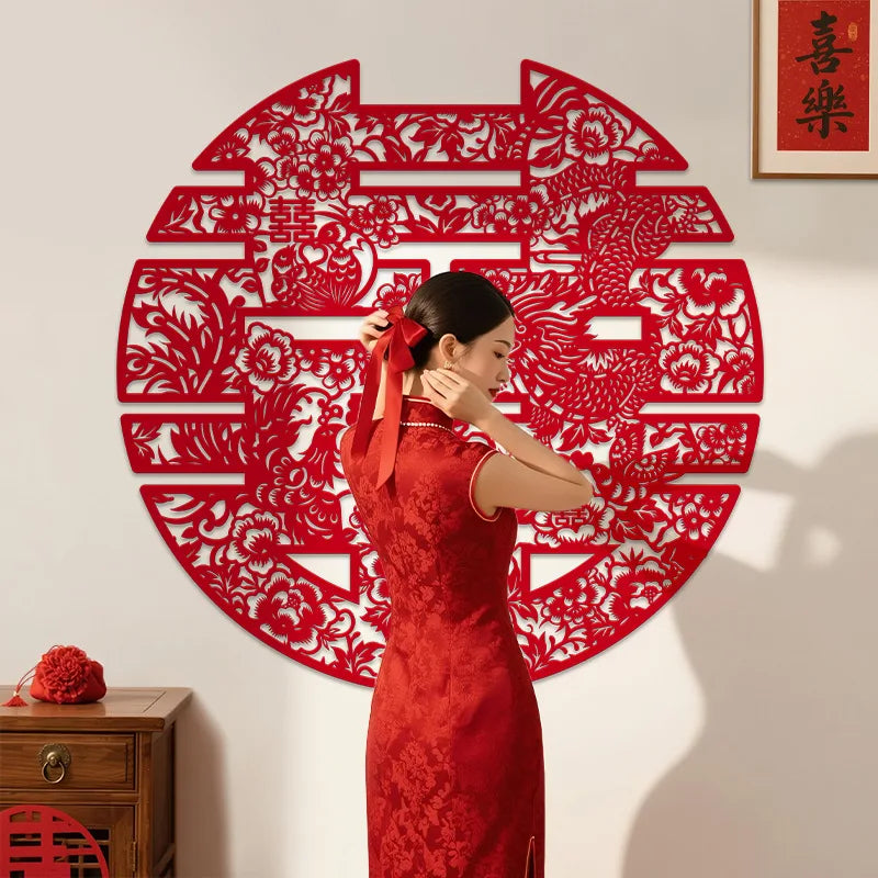 décoration murale mariage papier découpé artisanal motifs floraux rouge adhésif traditionnel chinois