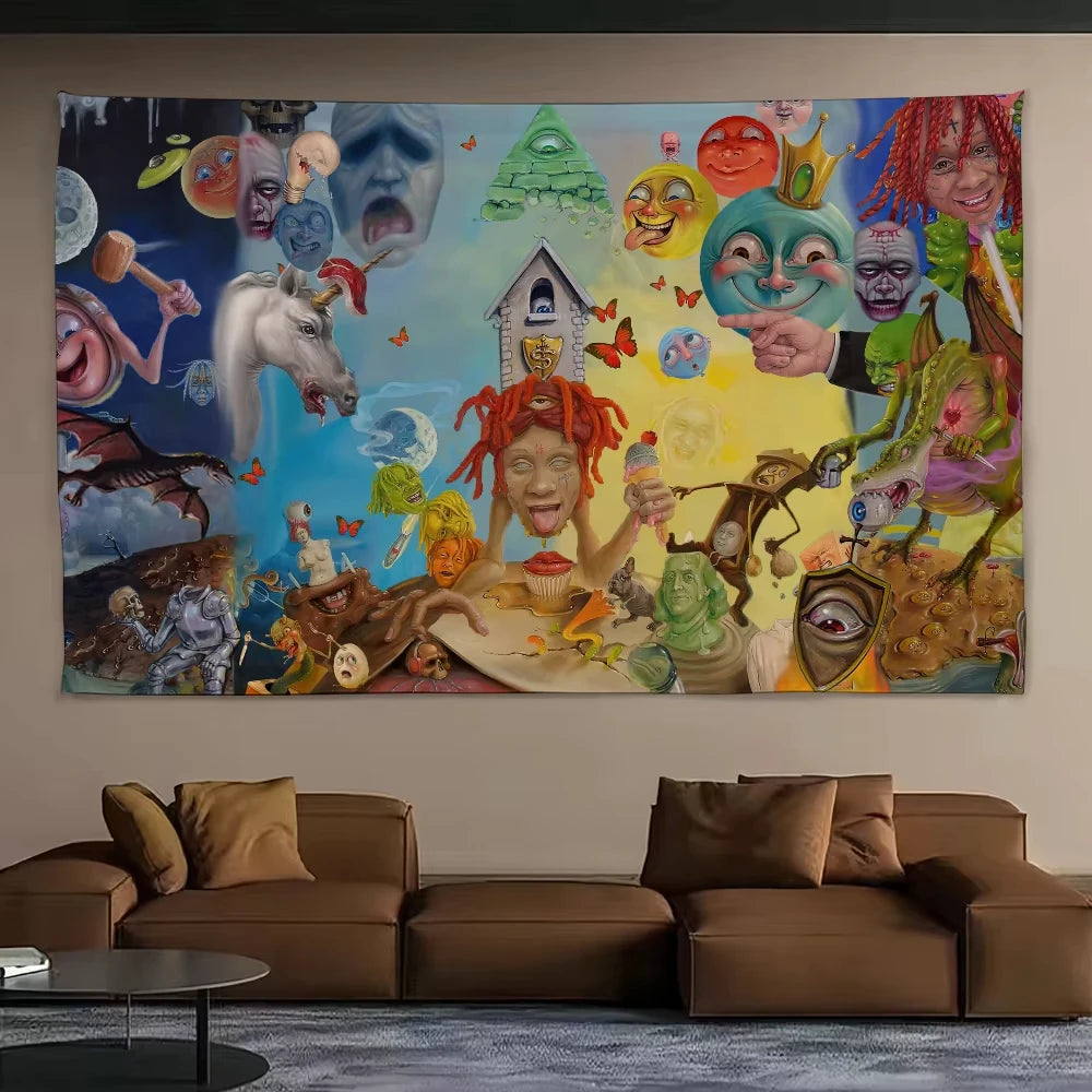 tapisserie murale multicolore fantastique personnages animaux art contemporain décoration intérieure chambre salon bleu jaune