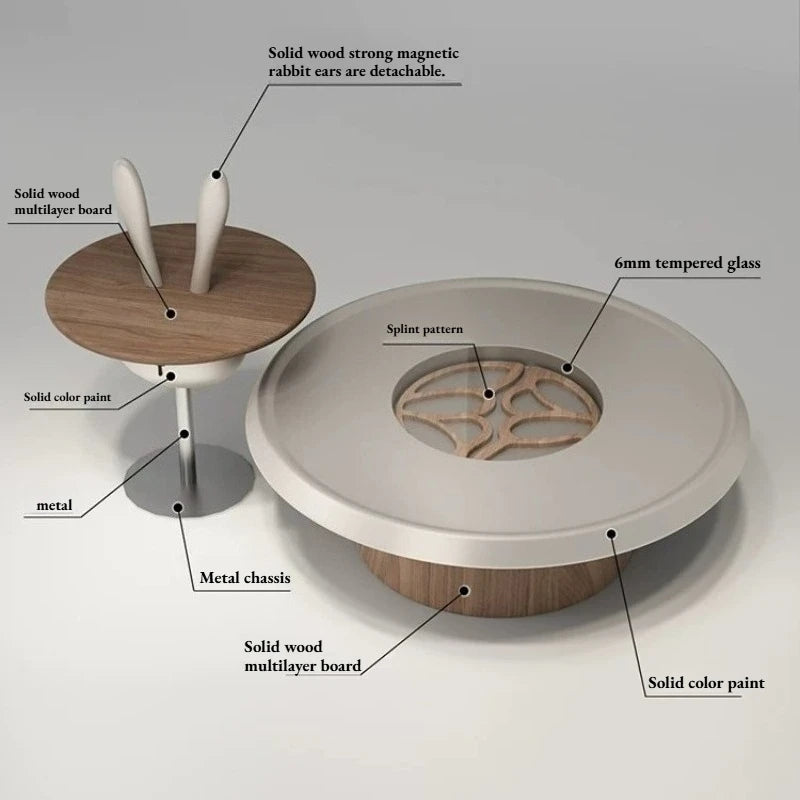 table basse moderne rond bois marron clair métal transparent décoration ludique