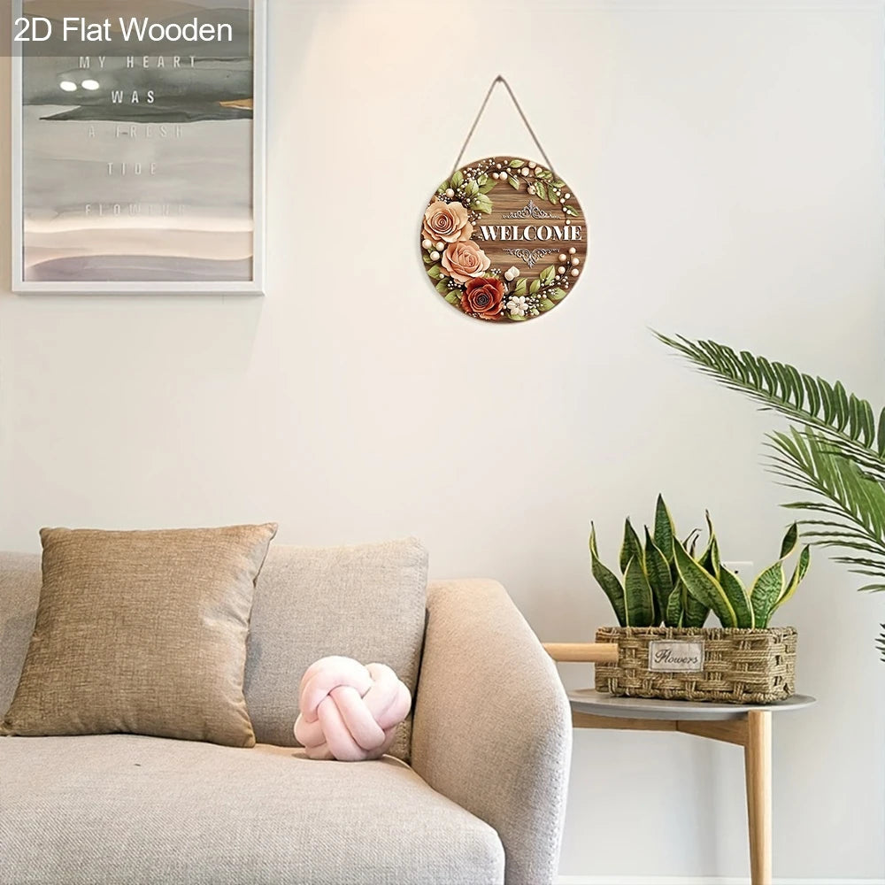 décoration murale bois fleurs bienvenue rustique pastoral jardin maison couronne verte