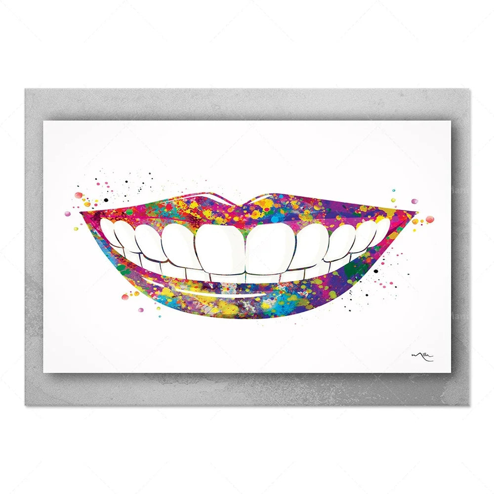 Une bouche colorée et éclatante, remplie de dents blanches et brillantes, est représentée dans cette image artistique.