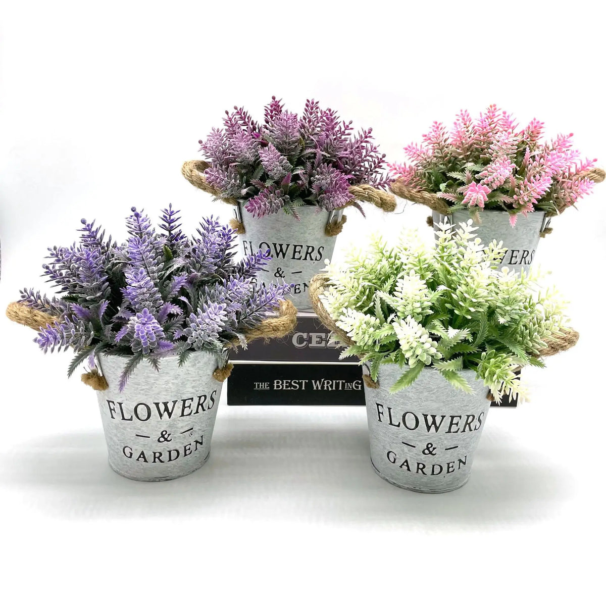 plantes artificielles pot fleurs gris étiquette blanche texte flowers garden cordelette vintageextérieurDecorationFeteBureauSalonJardin