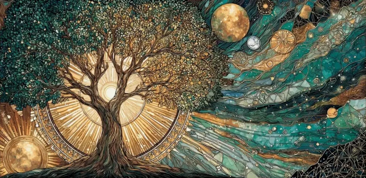 toile d'art abstraite arbre soleil lune contemporaine verte dorée noire blanche fond texturé salon