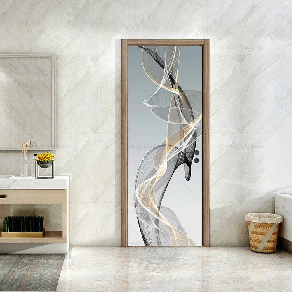 Sticker mural sur une porte de chambre avec décoration intérieure épurée