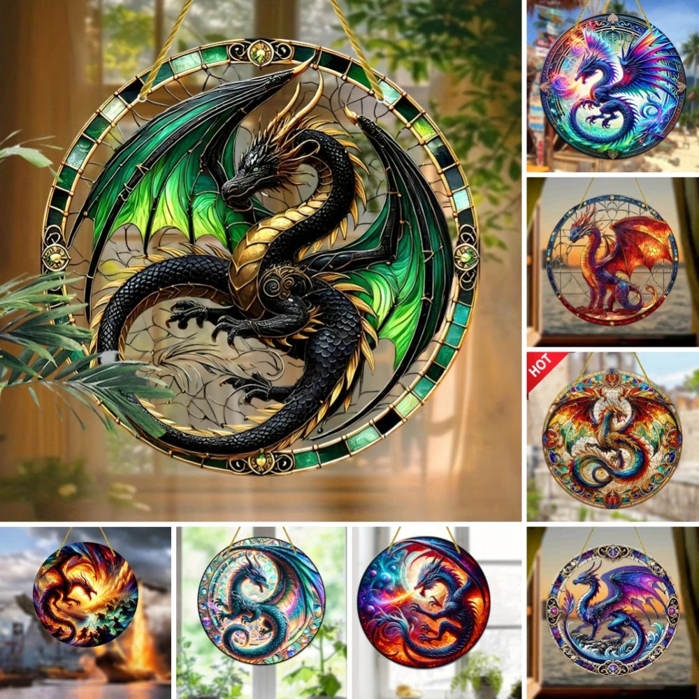 vitrail mural dragon décoratif acrylique rond multicolore art nouveau suspension murale chambre enfant
