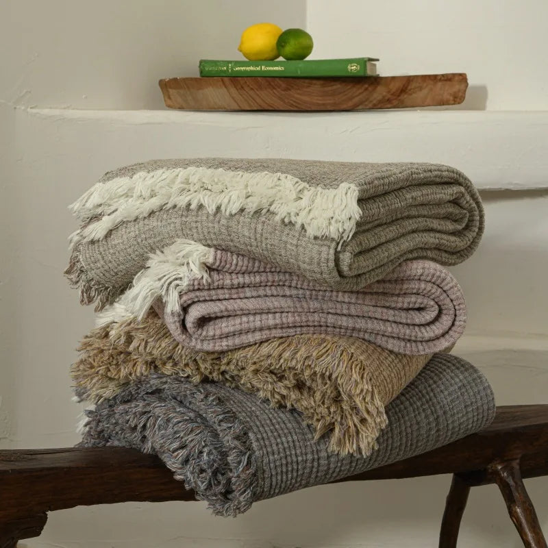 couverture coton lin solide beige gris mauve franges rustique bohème printemps automne portable texturée