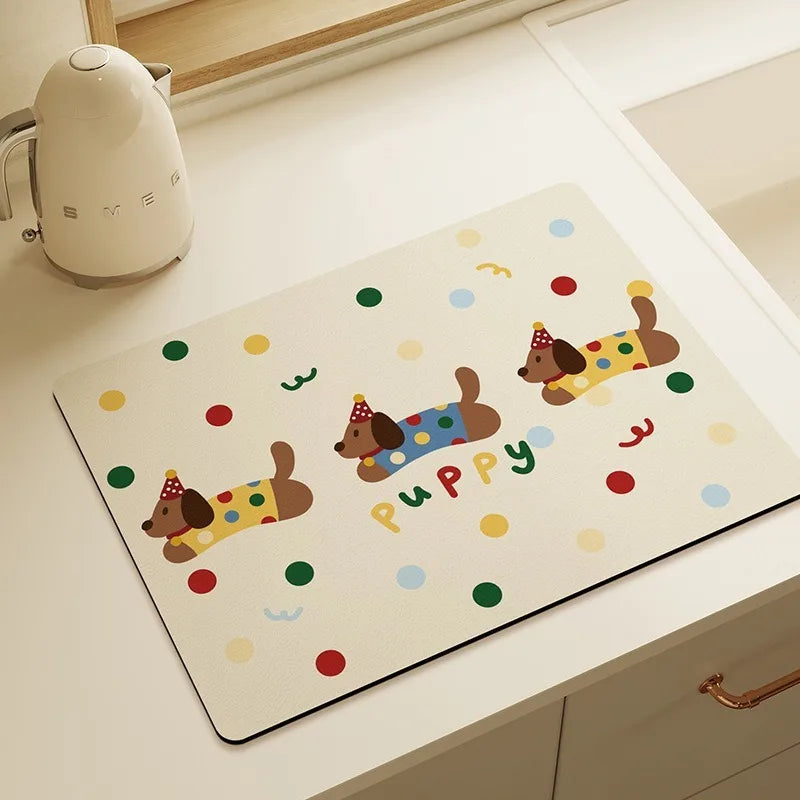 tapis cuisine drain plat illustration chiots motifs colorés résistant antibactérien antislip blanc moderne
