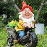 décoration jardin gnome moto rouge veste jaune pantalon bleu barbe blanche fleurs jaunes