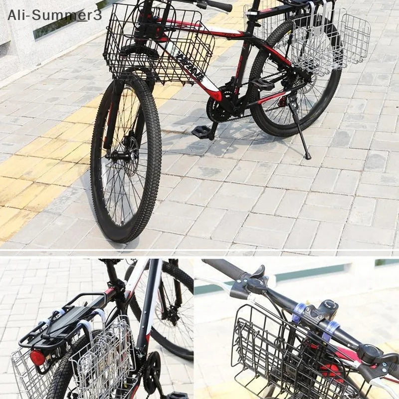 panier vélo pliable noir argenté structure treillis minimaliste utilitaire fixations métalliques avant arrière