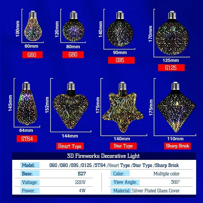 ampoule led décorative 3d fireworks multicolore base e27 moderne 30000h