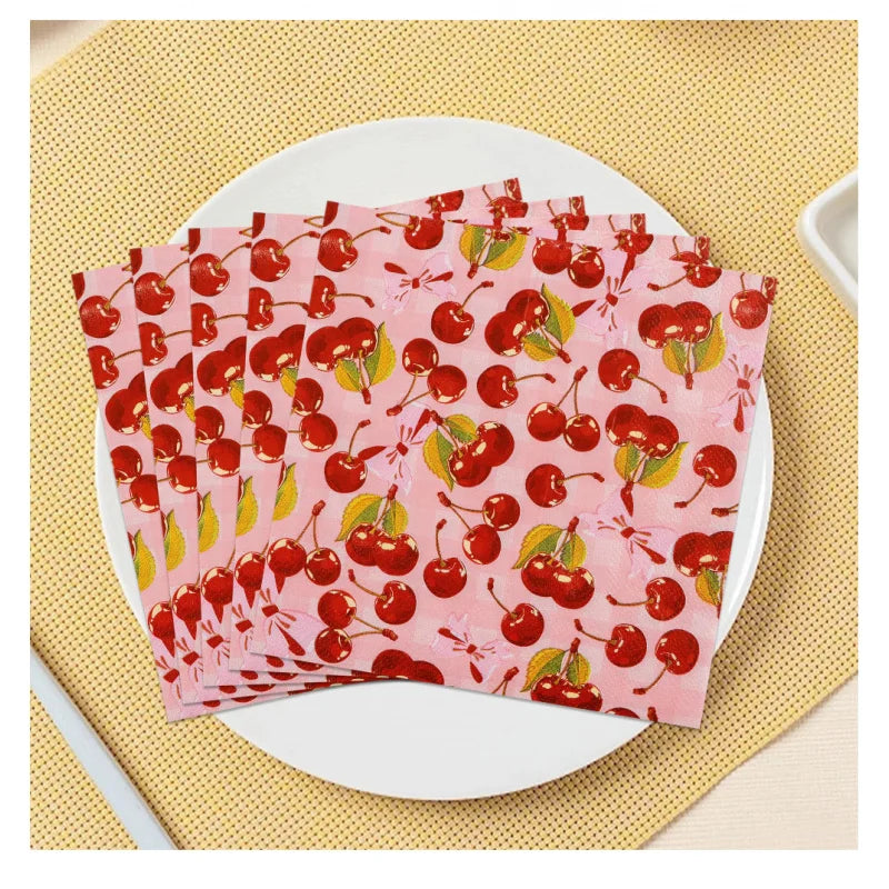 serviettes jetables rose clair cerises feuilles vertes fond rose moderne opaques pack 20PCS