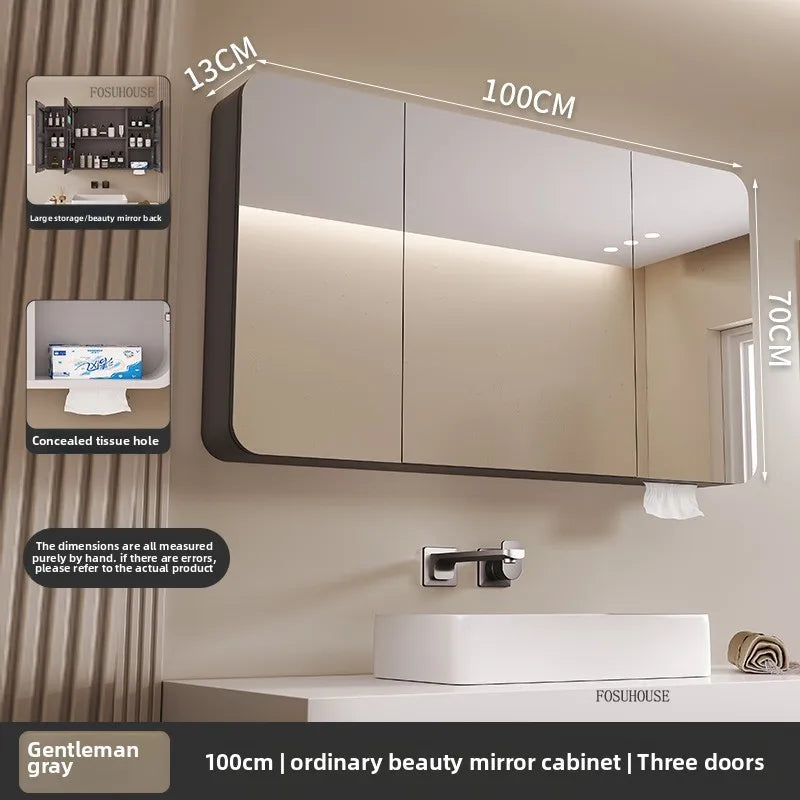armoire salle bain murale miroir led rangement porte coulissante moderne blanc gris