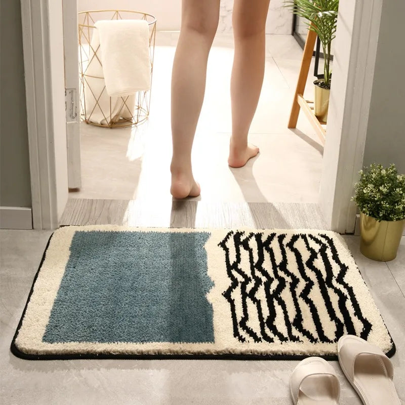 tapis bain moderne bleu clair noir rayures beige géométrique absorption eau salle bain polyester