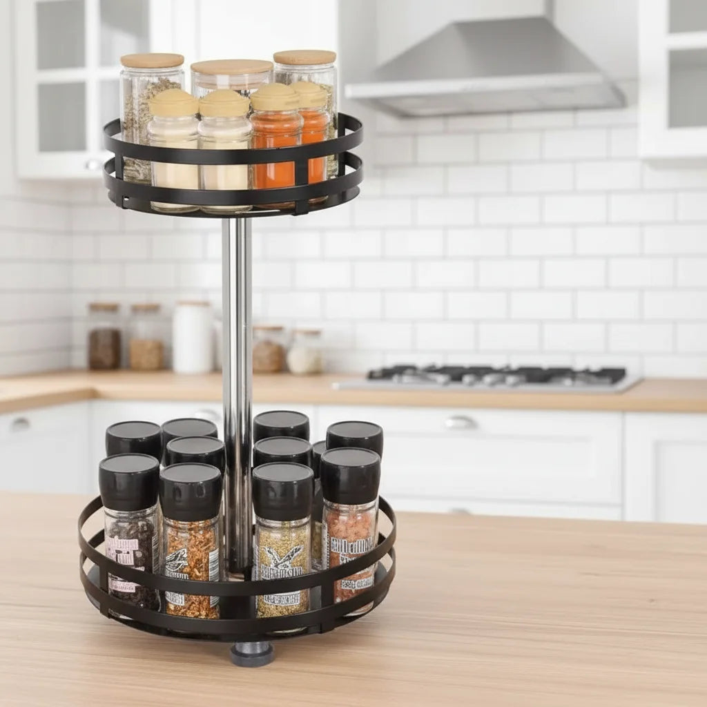 support rotatif deux niveaux noir acier inoxydable moderne vaisselle épices cosmétiques comptoir cuisine