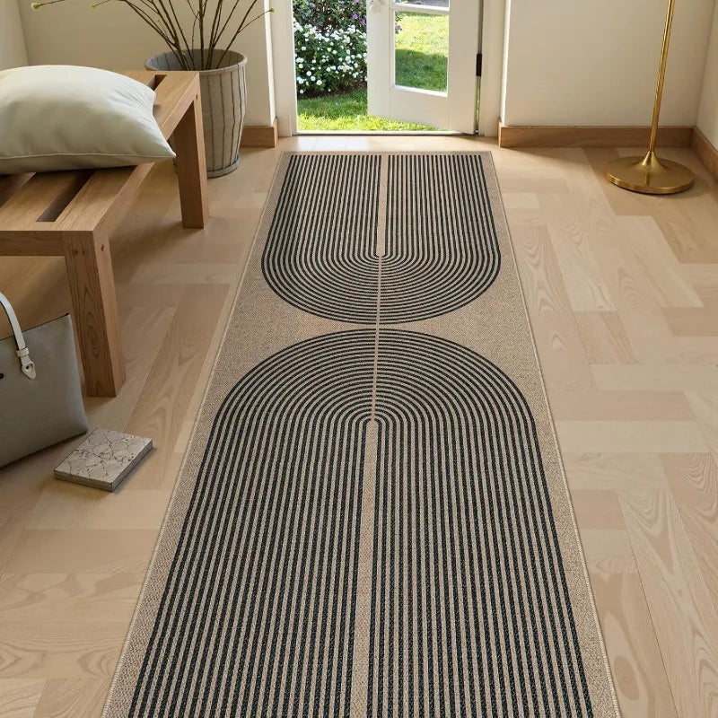 tapis moderne géométrique rayures horizontales beige noir rouge salon chambre entrée minimaliste polyester polypropylène