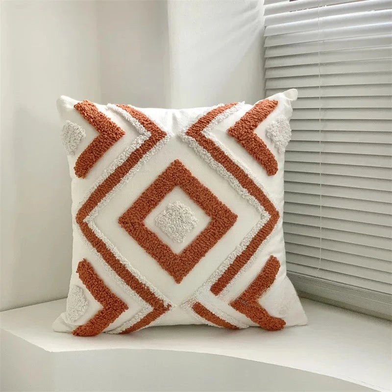 coussin brodé polyester moderne bohème motif géométrique blanc beige bleu gris marron 45x45cm