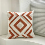 coussin brodé polyester moderne bohème motif géométrique blanc beige bleu gris marron 45x45cm