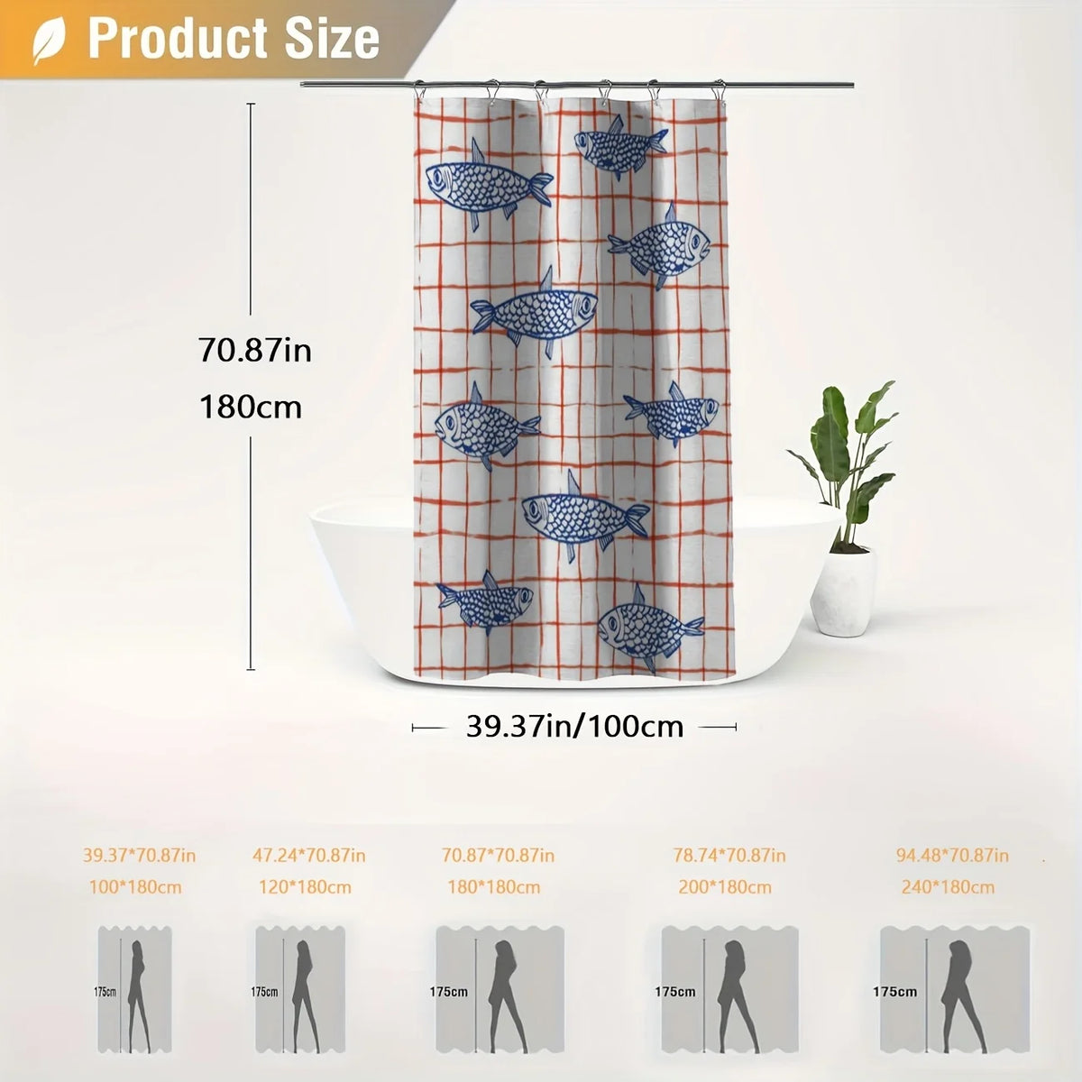 rideau douche moderne poissons bleus carreaux rouges polyester blancs 180x120cm transparent anneaux métalliques