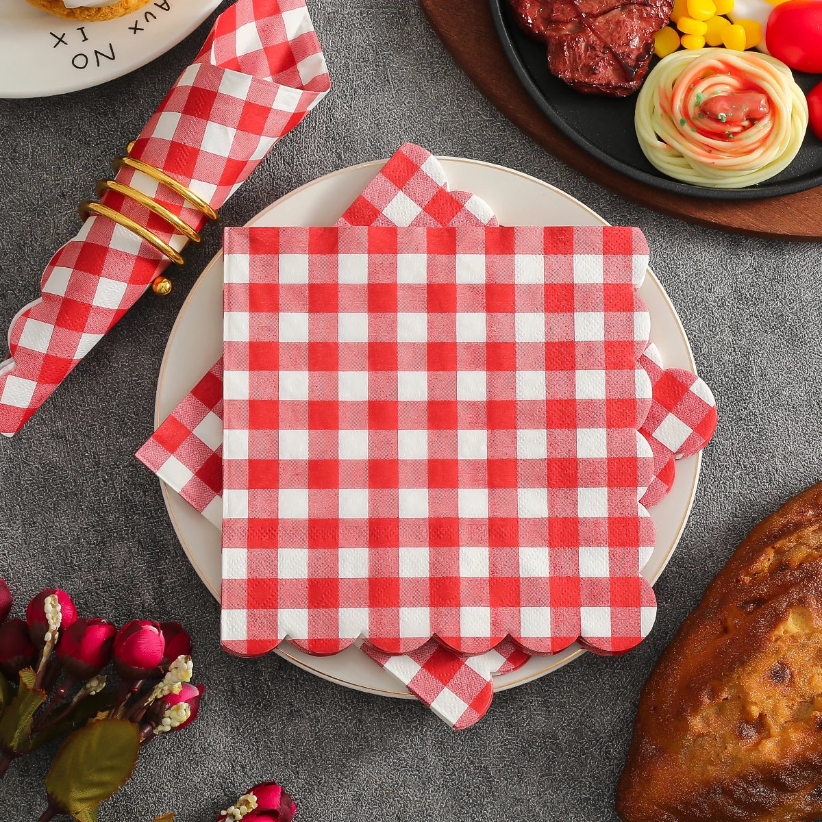 serviettes papier motif vichy rouge blanc decoration table rustique 9.84x9.84 poucesUsageIdéo