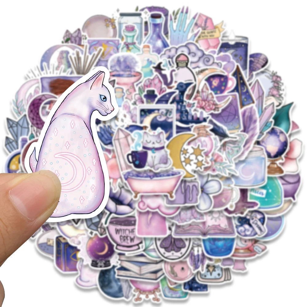 stickers illustratifs fantastiques lune cristaux potions chats violet rose blanc noir