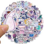 stickers illustratifs fantastiques lune cristaux potions chats violet rose blanc noir