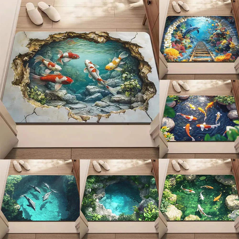 tapis sol entrée 3d poisson carpe koi effet eau réaliste décoration maison moderne