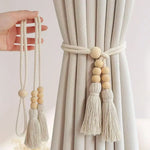 boucles rideau boho chic bois franges coton beige clair anneaux métalliques