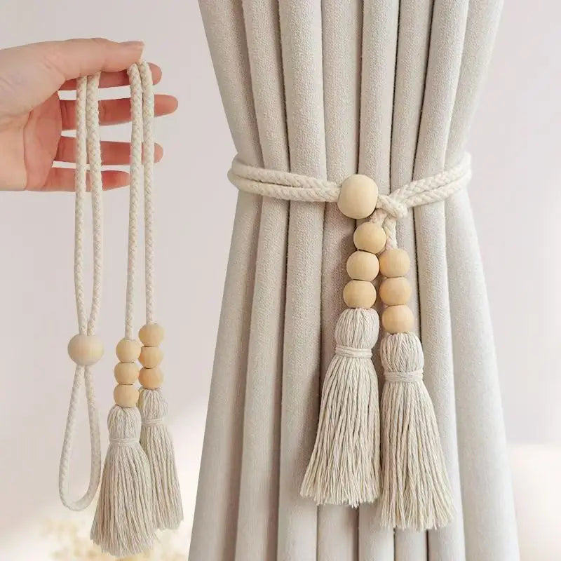 boucles rideau boho chic bois franges coton beige clair anneaux métalliques