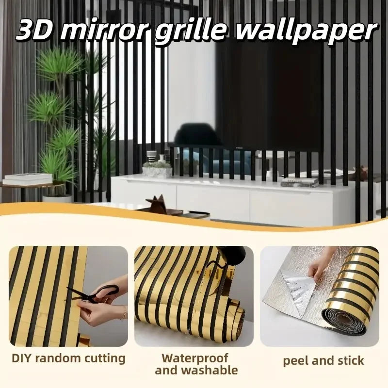papier miroir 3D or rayures horizontales moderne adhésif imperméable chambre cuisine salon commerce