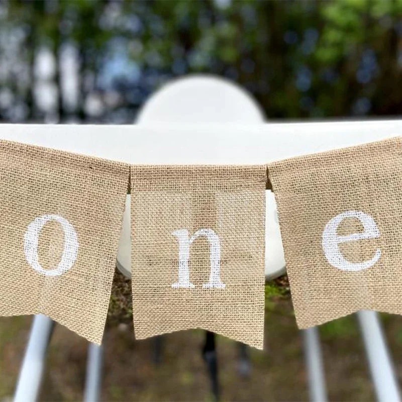guirlande bâtonnets lettre one naturel blanc toile jute rustique clips anniversaire décoration festive