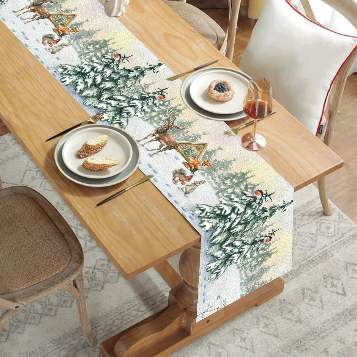 table noel chemin blanc motif flocon renne decoration festive polyester