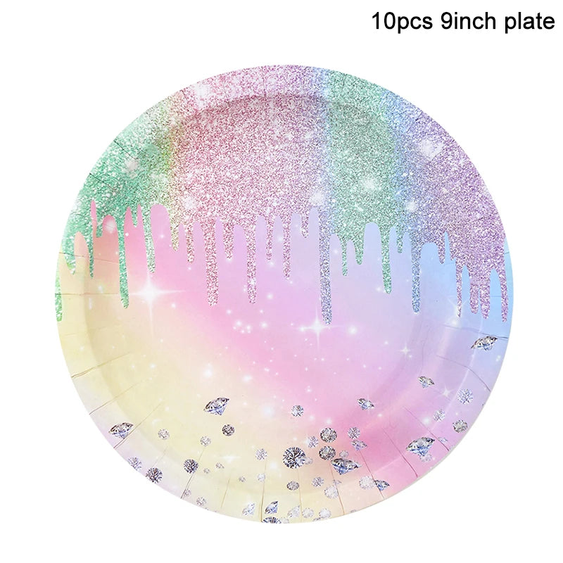 vaisselle jetable fête anniversaire moderne multicolore pailletée assiettes tasses serviettes pailles bannière happy birthday