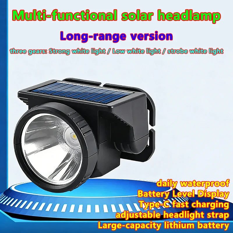 lampe frontale solaire rechargeable usb haute luminosité étanche camping pêche running