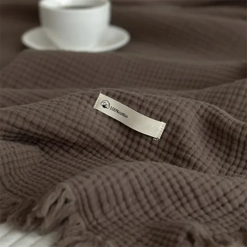plaid coton marron texture gaufrée franges voyage printemps automne minimaliste portable chambre coucher