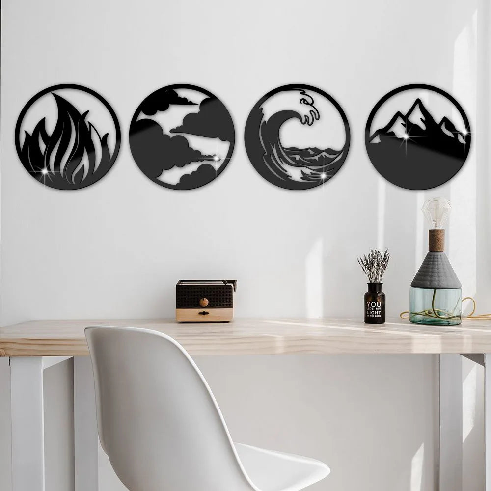 décoration murale moderne cercle argenté noir doré feu nuages vague montagnes 20x20cm