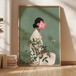 toile d'art moderne femme fleurs verte abstraite decoration salon horizontal