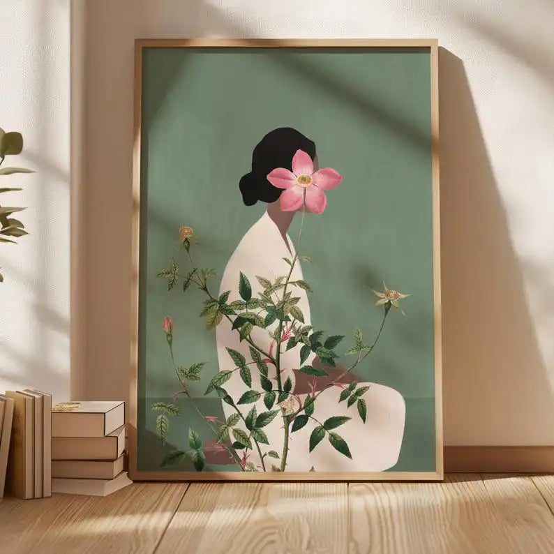 toile d'art moderne femme fleurs verte abstraite decoration salon horizontal