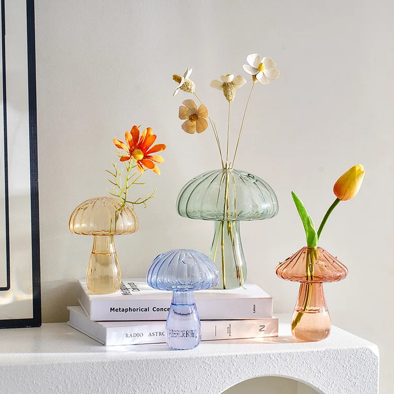 vases champignons transparents couleurs or bleu rose vert rouge jaunes moderne minimaliste