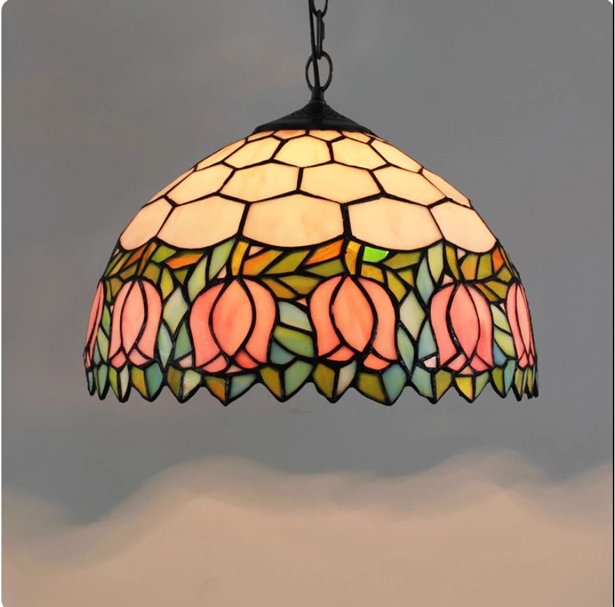 lampe suspendue art deco multicolore motifs floraux ampoule e27 anneaux métalliques chambre salon étude