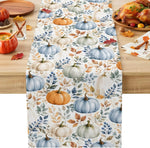 nappe automnale citrouilles feuilles mortes rustique motif peint main blanc orange bleu marron festive