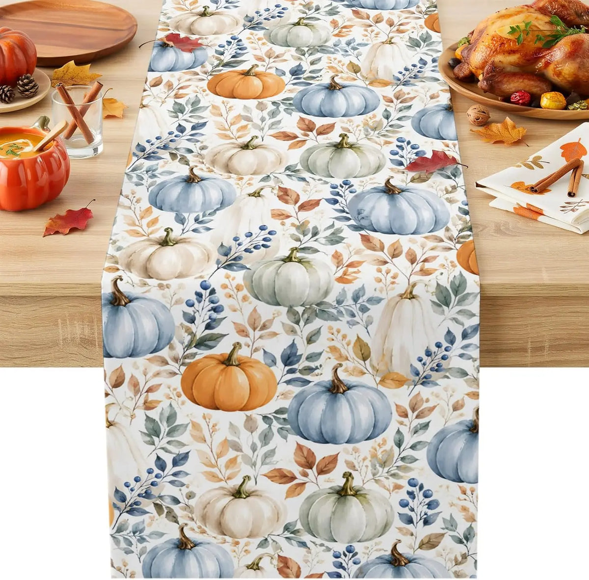 nappe automnale citrouilles feuilles mortes rustique motif peint main blanc orange bleu marron festive