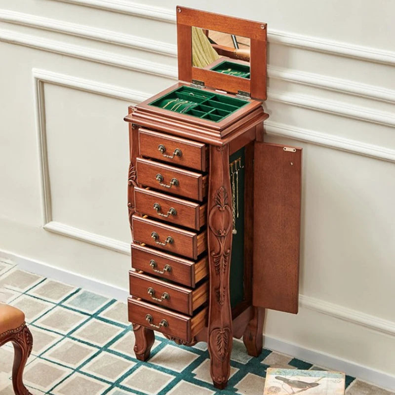 armoire bijoux bois massif tiroirs miroir compartiments vintage classique poignées métalliques salon chambre