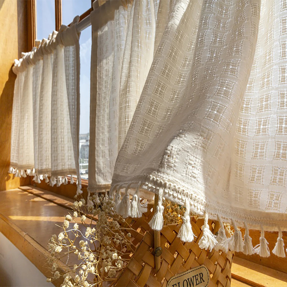 rideau blanc carreaux translucide rustique tassel maison 100x50cm 150x50cm 150x80cm