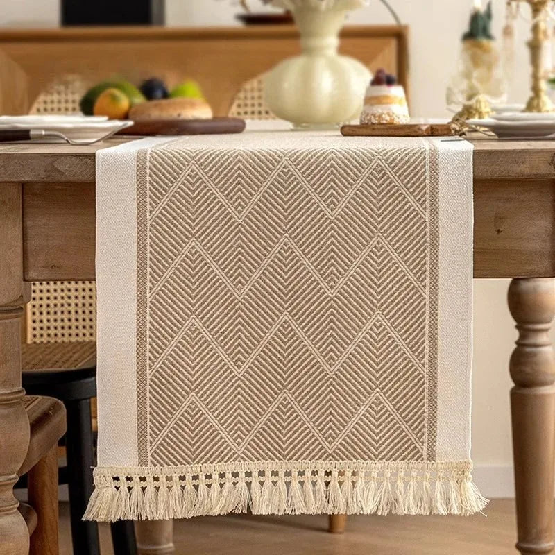 chemin table moderne motif géométrique beige gris clair tissu polyester opaque